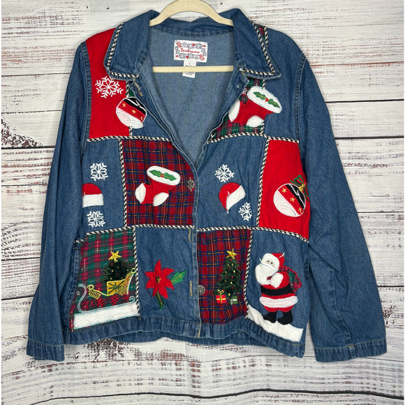 Tantramz Vintage Denim Patchwork Christman Button Up Shirt Lg - Picture 1 of 3